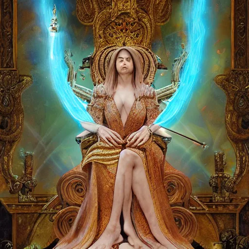 Image similar to female pope on throne of lasers, intricate detail, royo, klimt, miro, vallejo, frazetta, giger, whealan, hd, unreal engine,