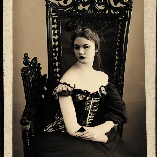 Image similar to photo, young woman, sitting on chair, gothic clothes