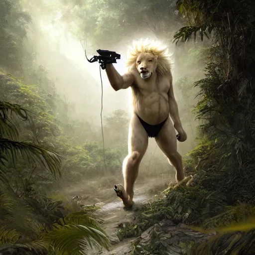 Image similar to commission portrait of a male anthro albino lion,wearing cargo pants and a boack t-shirt,going through a jungle cautiously.dramatic,character design by charles bowater,greg rutkowski,ross tran,hyperdetailed,hyperrealistic,4k,deviantart,artstation,professional photography,concept art