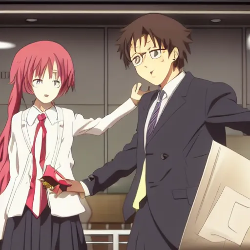 Prompt: cute anime girl bribing the district attorney. Key Frame, still from tv anime, Kyoto animation studio, Flash photography,