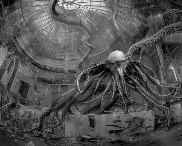 Image similar to camera footage of a extremely aggressive Giant mutated Octopus with glowing white eyes, Human Features, Teeth, in an abandoned shopping mall, Psychic Mind flayer, Terrifying, Silhouette :7 , high exposure, dark, monochrome, camera, grainy, CCTV, security camera footage, timestamp, zoomed in, Feral, fish-eye lens, Fast, Radiation Mutated, Nightmare Fuel, Ancient Evil, Bite, Motion Blur, horrifying, lunging at camera :4 bloody dead body, blood on floors, windows and walls :5