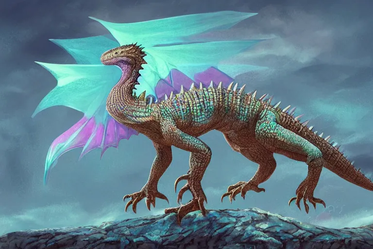 Image similar to full body digital illustration of a giant girdled lizard, pastel color scheme, !dream full body digital illustration of a baby dragon with iridescent wings, pastel color scheme, Smaug giganteus, concept art, matte background, deviantArt, artstation, artstation HQ, HD, 4k resolution