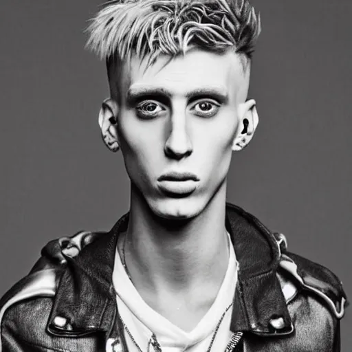 Image similar to “a realistic detailed photo of a guy who is an attractive humanoid who is half robot and half humanoid, who is a male android, rapper Machine Gun Kelly, shiny skin, posing like a statue, blank stare”