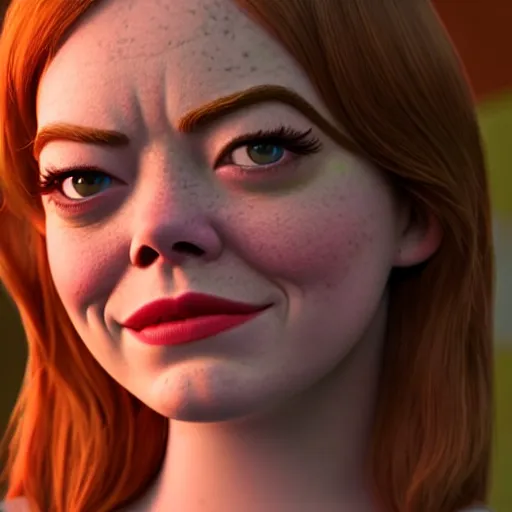 Image similar to Emma Stone as a female version of Shrek, Shrek face features, fully detailed, high quality , 4k , octane render , soft lightening , masterpiece