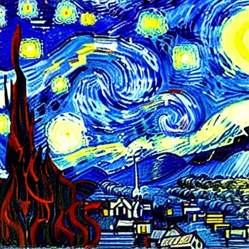 Prompt: Mount Fuji in the style of starry night by Van Gogh