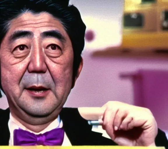 Image similar to a film still of shinzo abe in willy wonka's chocolate factory 1 9 7 3