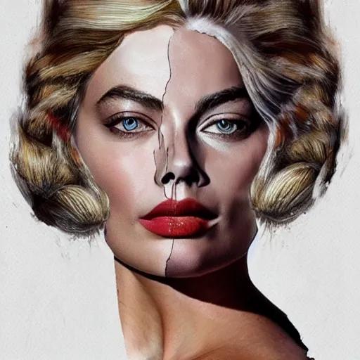 Prompt: face morph tattoo design sketch of margot robbie blended in beautiful mountain scenery, in the style of den yakovlev, amazing detail