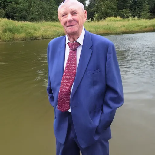 Prompt: Norman Clegg wearing a suit and necktie standing near a lake