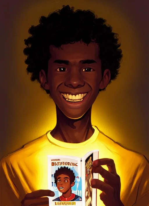 Image similar to portrait of teenage chuck clayton, black teenage boy, very short curly hair, very short hair, square jaw, slight excited smile, reading archie comic book, intricate, elegant, glowing lights, highly detailed, digital painting, artstation, concept art, smooth, sharp focus, illustration, art by wlop, mars ravelo and greg rutkowski