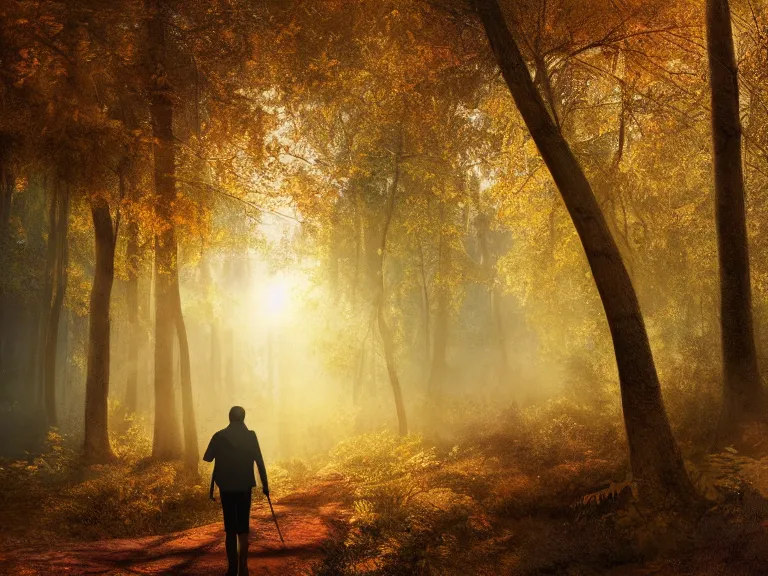 Image similar to a matte painting of an adventurer walking along the river bank in a forest during the golden hour in autumn, surrounded by dust and volumetric light shining through the tree tops, digital painting, detail