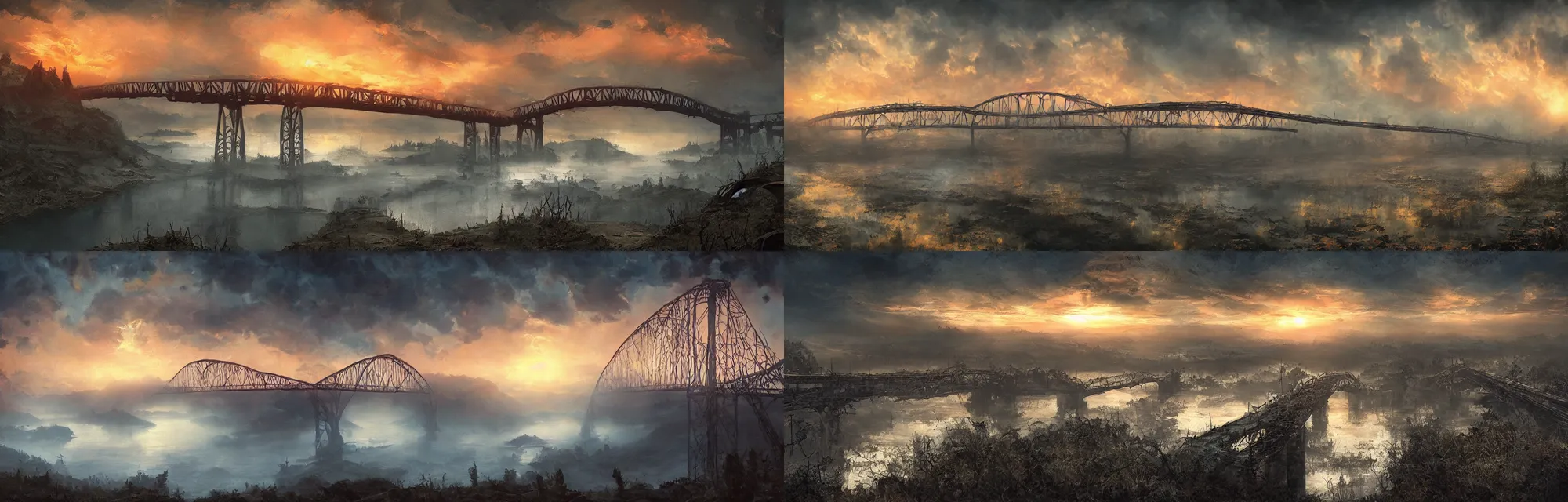 Prompt: very textured post apocalyptic moody panoramic cinemascope background, sunset cyan fog , giant sun, vine bridge backlight , bridge over lake ,dramatic sky , backlight , high detail gritty moody oil painting by frazetta