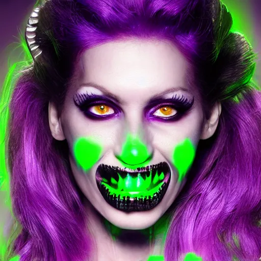 Prompt: a portrait photo of a poison themed female villain, glowing green, poison dripping, poison teeth, detailed character design, symmetrical face, purple highlights