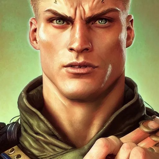 Image similar to kyle gas as guile from street fighter, ultra realistic, concept art, intricate details, eerie, highly detailed, photorealistic, octane render, 8 k, unreal engine. art by artgerm and greg rutkowski and magali villeneuve and alphonse mucha