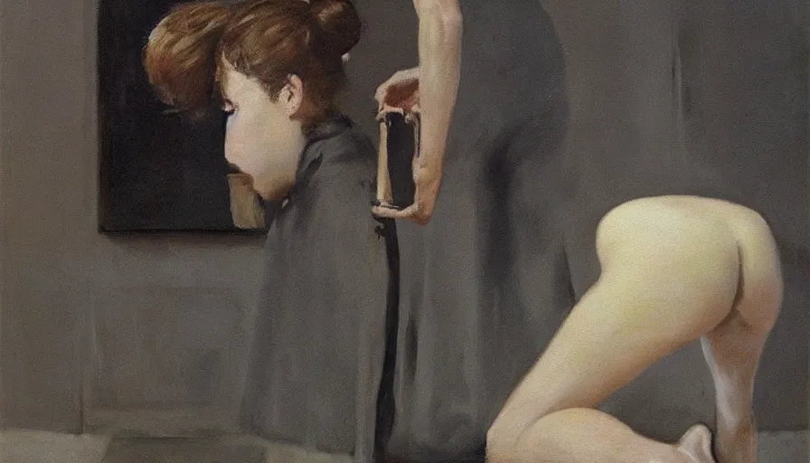 Image similar to painting by borremans, strange situation with a girl, detailed, stunning