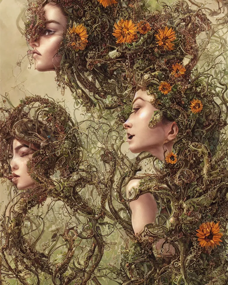 Image similar to centered beautiful detailed side view profile portrait of a young and beautiful woman, ornate sunflowers growing around, ornamentation, thorns, vines, tentacles, elegant, beautifully soft lit, full frame, by wayne barlowe, peter mohrbacher, kelly mckernan, h r giger