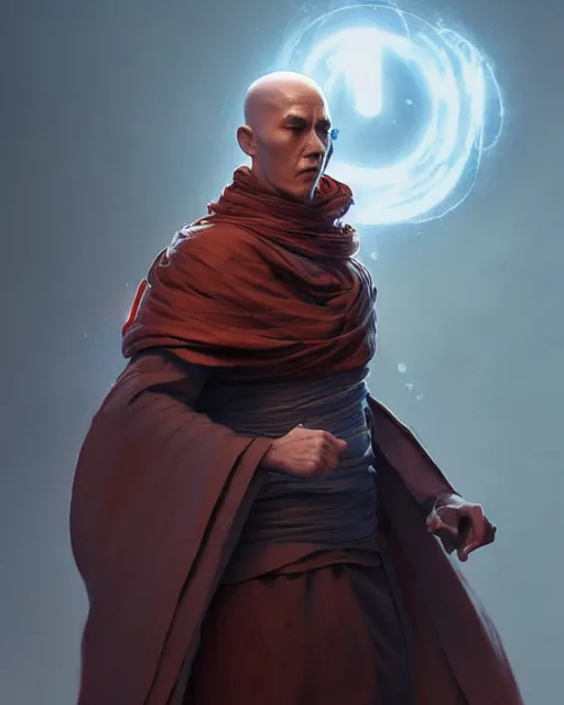 Prompt: a cyborg warrior monk 🙏, wearing a flowing cloak, cyborg hardware, 3 d render, octane, zbrush, painting, artstation, concept art, smooth, sharp focus, illustration, art by artgerm and greg rutkowski and alphonse mucha