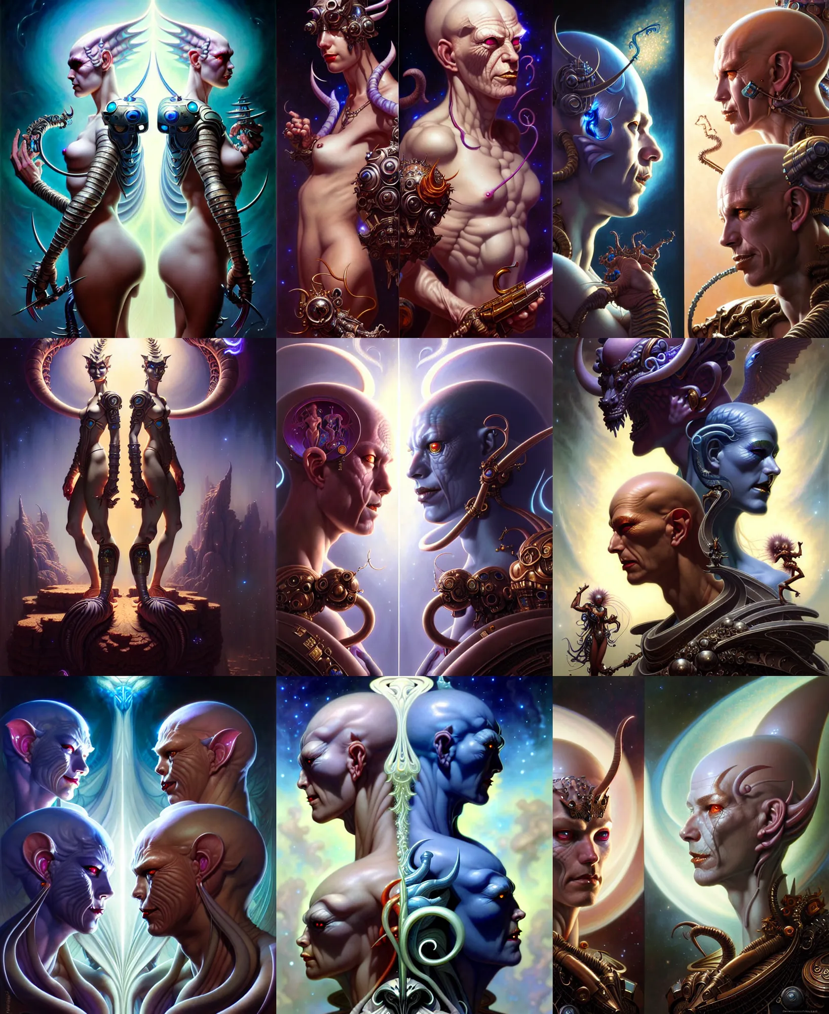 Image similar to beautiful gemini good and evil fantasy character portrait, ultra realistic, wide angle, intricate details, the fifth element artifacts, highly detailed by peter mohrbacher, hajime sorayama, wayne barlowe, boris vallejo, aaron horkey, gaston bussiere, craig mullins