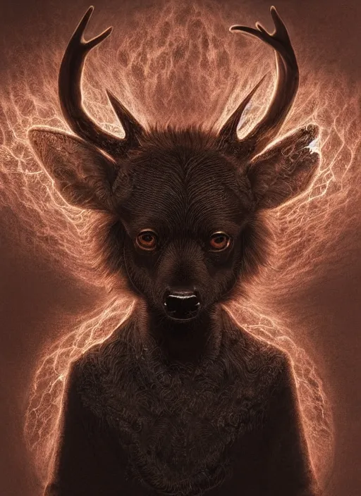 Image similar to deer chihuahua huge ominous glowing brown eyes staring into my soul, perfect eyes, soft pale golden skin, intricate stunning highly detailed, Agostino Arrivabene, Tomasz Strzalkowski, twisted bright lucid dream, 8k portrait render, angel wings, swirling thick smoke , beautiful lighting, dark fantasy art, cgsociety