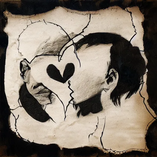 Image similar to A drawing of love on a burnt napkin, burnt edges, paper, photorealistic, extreme detail, creases, crumples, material, award winning, by Dave McKean