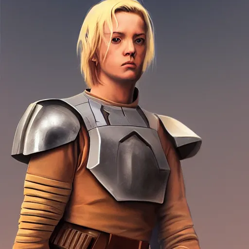 Prompt: a young blonde male jedi with short hair standing still, back shot, over the shoulder shot, ots shot, third-person shot, full-length, head-to-toe, full body photography, extremely long shot, long shot, concept art by Doug Chiang cinematic, realistic painting, high definition, concept art, the Mandalorian concept art style