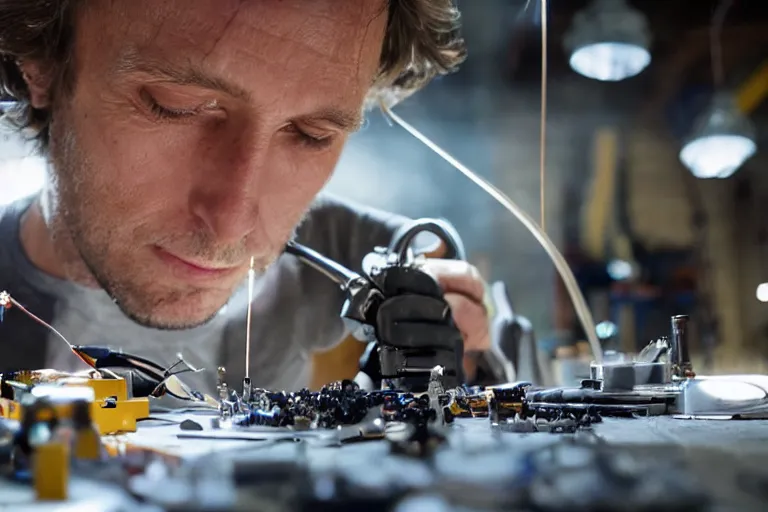 Prompt: cinematography closeup portrait of a Man soldering repairing robot parts in his garage by Michael Bay