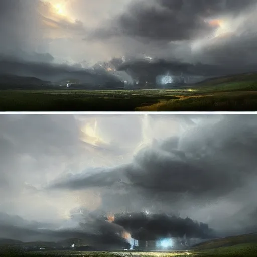 Image similar to dramatic landscape art of a german town being flooded during a thunderstorm, background art, concept art, dramatic lighting, trending on artstation