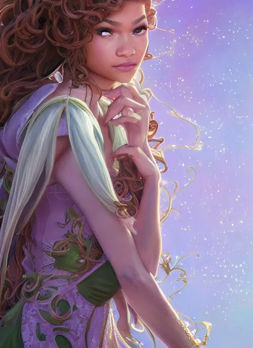 Image similar to beautiful young zendaya as tiana princess disney, frog closeup, d & d, fantasy, intricate, elegant, highly detailed, digital painting, artstation, concept art, matte, sharp focus, illustration, art by artgerm and greg rutkowski and alphonse mucha