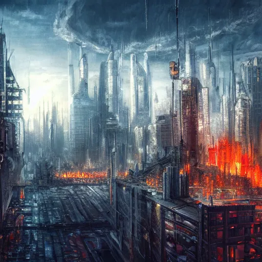 Image similar to dystopian cityscape on fire at night by john blanche, michael kirkbride, high detail, very intricate, 4 k, 8 k, artstation, video game concept art