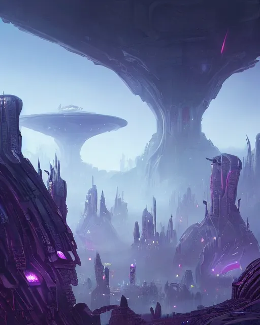 Image similar to an alien city seen in the distance, alien architecture, purple, environment art, fantasy art, landscape art, in the style of greg rutkowski, illustration, epic, fantasy, intricate, hyper detailed, artstation, concept art, smooth, sharp focus, ray tracing