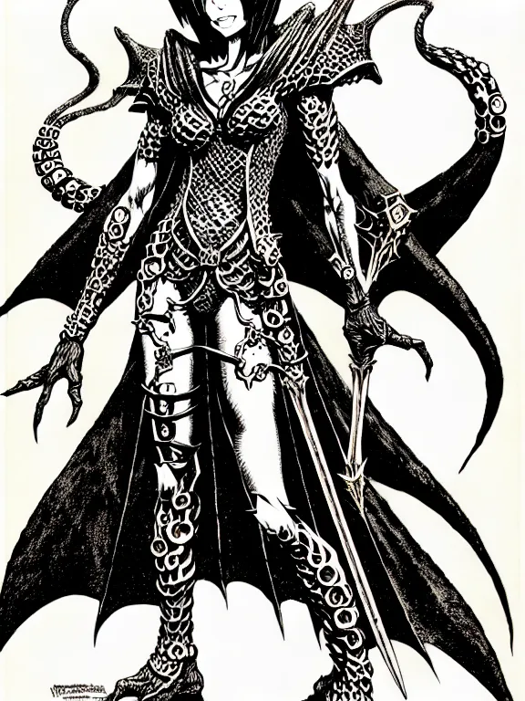 Image similar to bayonetta as a d & d monster, full body, pen - and - ink illustration, etching, by russ nicholson, david a trampier, larry elmore, 1 9 8 1, hq scan, intricate details