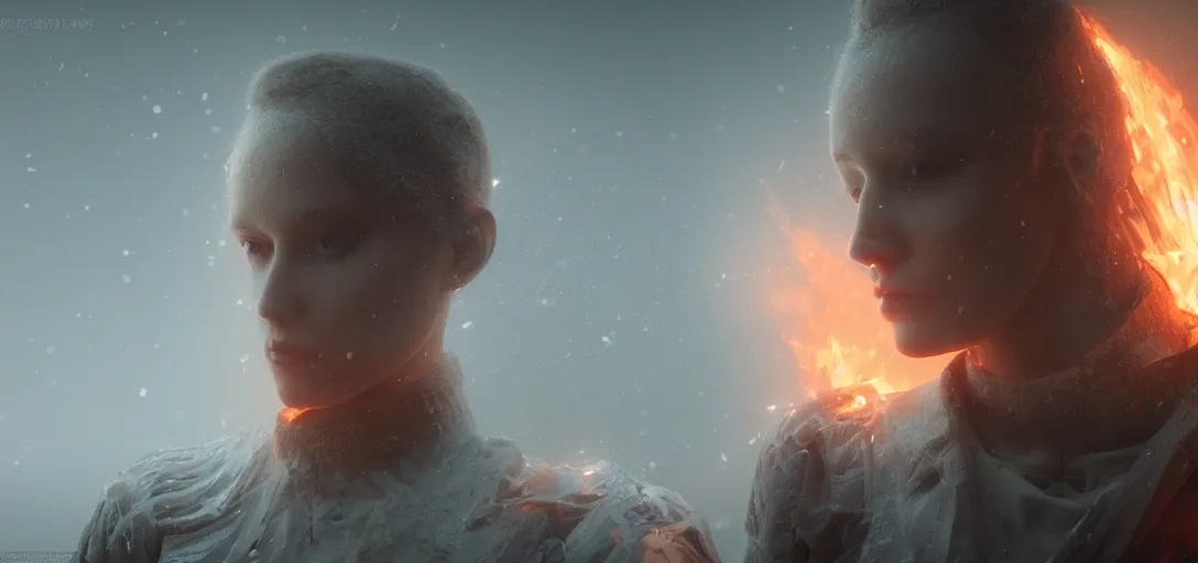 Image similar to hyperrealistic beautiful cinematic cyborg time traveler, forest fire, snowing, stunning 3 d render inspired by istvan sandorfi & greg rutkowski, perfect symmetry, dim volumetric cinematic lighting, 8 k octane comprehensive render, extremely mega hyper - detailed and lifelike attributes & atmosphere, intricate, realistic flesh texture, masterpiece, artstation, stunning,