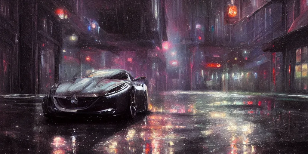 Image similar to full view of a sport car, on wet street at night, painted in dark color holographic pearlescent, almost ghosty-like, elegant, digital painting, concept art, smooth, sharp focus, art style from Wang Ke and Greg Rutkowski and Bruce Kaiser and Scott Robertson and Dmitry Mazurkevich and Doruk Erdem and Jon Sibal, small style cue from Mad Max