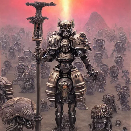 Image similar to , bismuth metal skullknight armor, anthropomorphic shiba inu, standing, cementary of skulls, fantasy 3 d render, masterpiece, red aura, by donato giancola and greg rutkowski and wayne barlow and zdzisław beksinski, realistic face