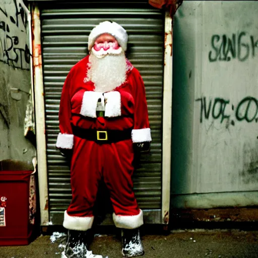 Image similar to glamour shot of a creepy Santa in the alleyway behind a dumpster from David Lynch's Christmas movie. The Santa has weird off-putting eyes. Soft lighting, film grain, VHS copy