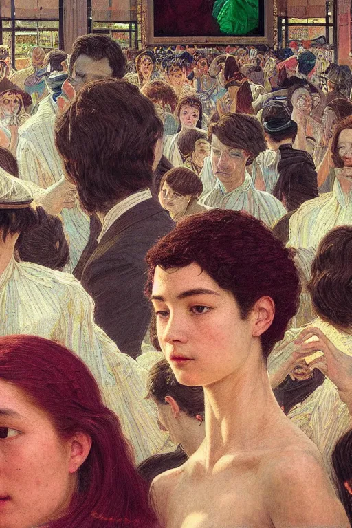 Image similar to detailed people in movie theatre, exterior greenhouse, portrait face, in the style of frantisek kupka, intricate, miles johnston, keita morimoto, kuroda seiki, cynical realism, ozabu, john william godward, painterly, yoshitaka amano, moebius, beautiful lighting