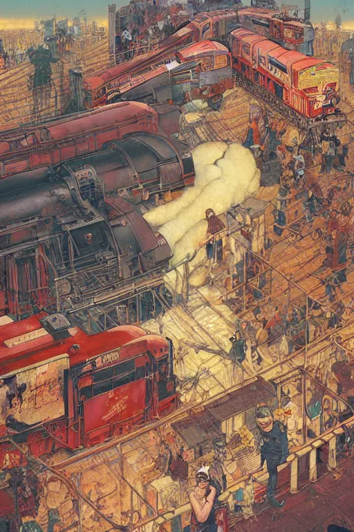 Image similar to trains covered in dripping graffiti paint, by lawrence alma tadema and zdzislaw beksinski and norman rockwell and jack kirby and tom lovell and greg staples and hiroshi yoshid and moebius and loish and artgerm, painterly, symmetrical, ultra detailed, hyper realistic, illustration, sunset lighting