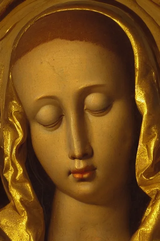 Image similar to Virgin Mary, suffering face, closeup, ultra detailed, made in gold, Guido Reni style