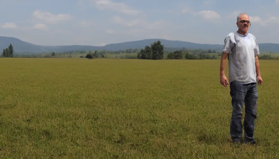 Image similar to a man standing, large open field