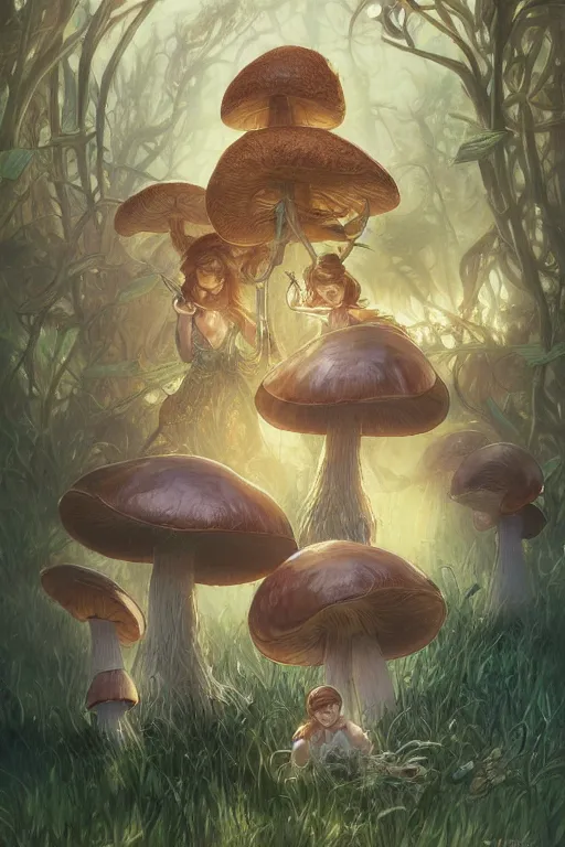 Image similar to mushroom family, manga cover style, D&D, fantasy, highly detailed, digital painting, artstation, concept art, sharp focus, illustration, art by artgerm and greg rutkowski and alphonse mucha