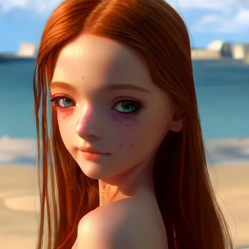 Image similar to nymph render of a very beautiful 3d anime girl, long hair, hazel eyes, cute freckles, full round face, short smile, cute sundress, golden hour, serene beach setting, medium shot, mid-shot, highly detailed, trending on Artstation, Unreal Engine 4k