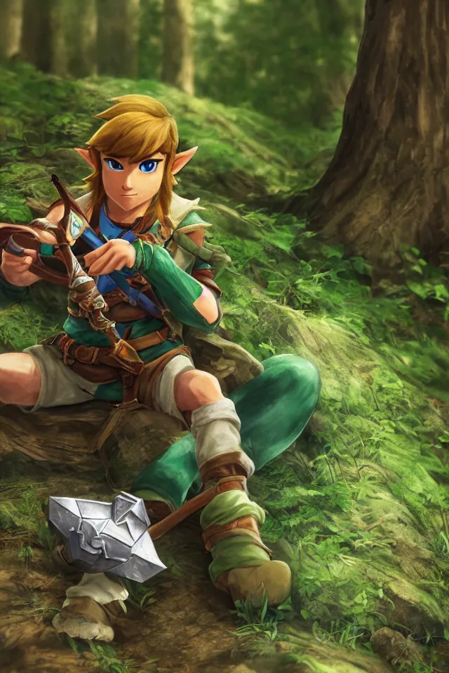 Image similar to close - up portrait of link sitting in woods of hyrule playing ocarina, ultra detailed, hdr, photorealism, cinematic scene, beautiful light