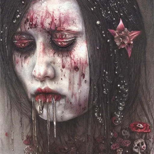 Prompt: a hyperrealistic painting of a beautiful gothic princess crying tears of blood, by Santiago Caruso, vivid color, highly detailed,