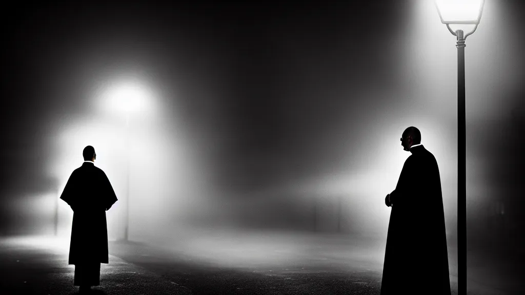 Prompt: portrait of a priest in profile under street light, fog, volumetric lighting, mystique, atmospheric, sharp focus, ultra detailed, noir art house, 4 k, cinematic, 3 5 mm