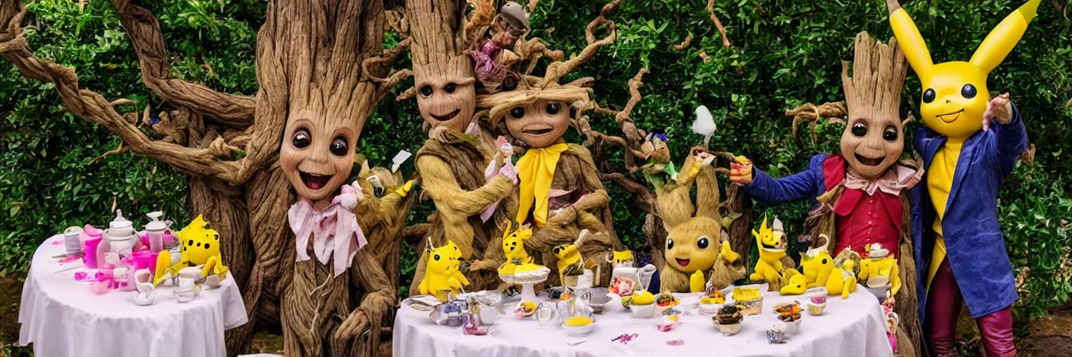 Image similar to groot and pikachu at the mad hatter tea party