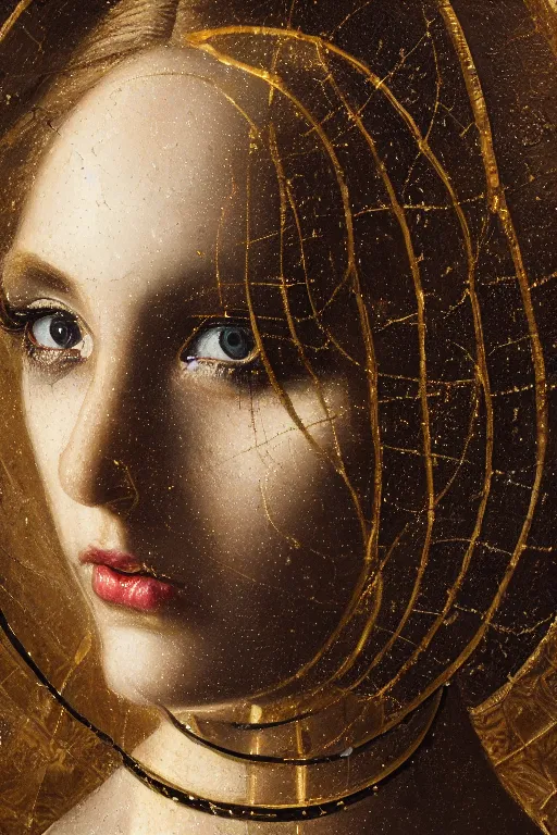 Prompt: hyperrealism close - up mythological portrait of a beautiful medieval woman's shattered face partially made of black holes in style of classicism using the fibonacci golden ratio, pale skin, ivory make up on the eyes, wearing black silk robe, dark and dull palette