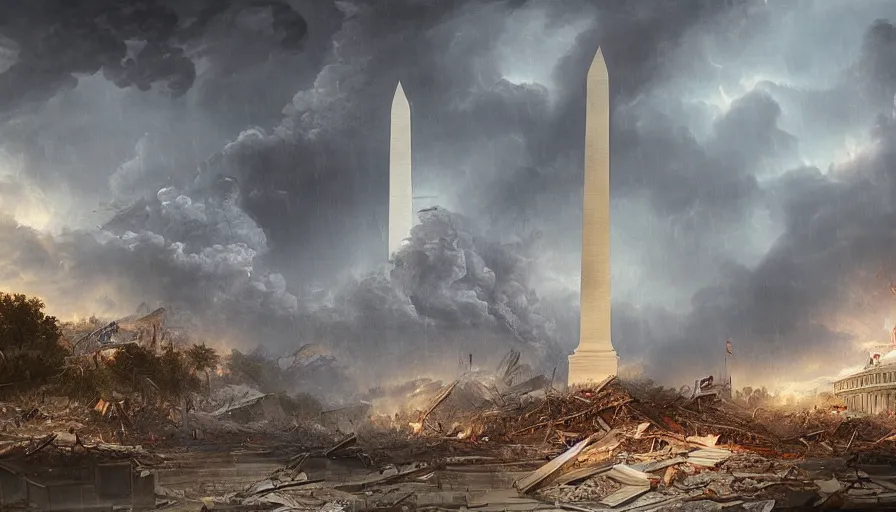 Prompt: washington during tsunami, rain, thunderstorm, destruction, destroyed white house, destroyed capitol, collapsed washington monument, hyperdetailed, artstation, cgsociety, 8 k