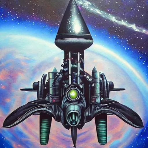 Prompt: atompunk rocket ship sailing across the infinite cosmos, beyond galaxies, raygun gothic style, evil, painting by daemorph art