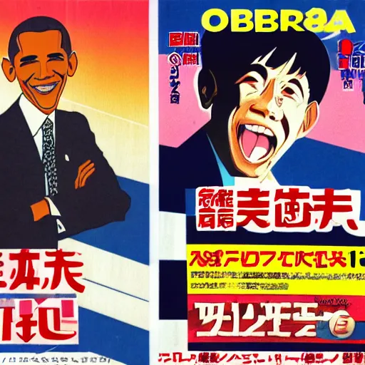 Prompt: japanese magazine advert for obama anime, 1 9 8 5