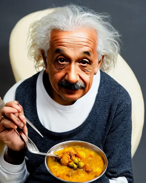 Image similar to A photo of Albert Einstein eating Idli Sambar, highly detailed, trending on artstation, bokeh, 90mm, f/1.4