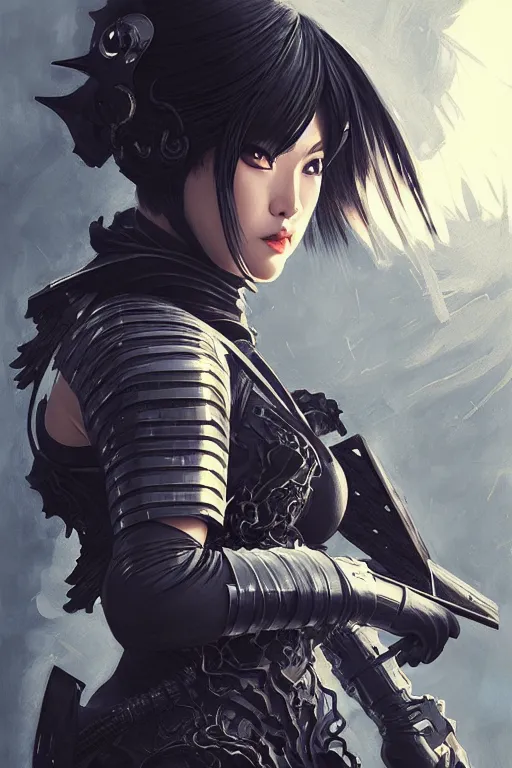 Image similar to portrait Ninja gaiden girl, armored black ninja wardrobe, in ruin japanese temple night, ssci-fi and fantasy, intricate and very very beautiful and elegant, highly detailed, digital painting, artstation, concept art, smooth and sharp focus, illustration, art by tian zi and WLOP and alphonse mucha
